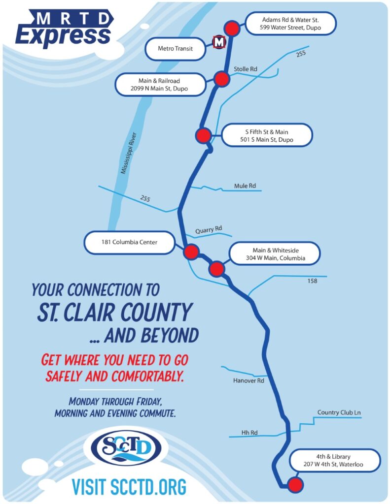 Map for MRTD express service commuter route for connecting with SCCTD St. Clair County and Metro-link